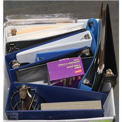 BOX OF OFFICE SUPPLIES INCL BINDERS ETC