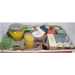 FLAT OF ASSORTED CANDLES ,HOLDERS,ETC