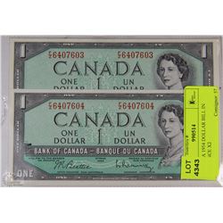 CANADA 1954 DOLLAR BILL IN SEQUENCE X2