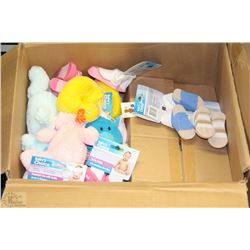 BOX WITH ASSORTED BABY ITEMS INCLUDING BLANKET,