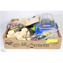 CRAYON MAKER AND WOODEN CARS AND BAG OF CRAFT