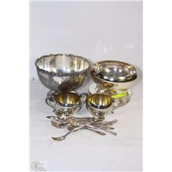 FLAT OF SILVER PLATE SERVING DISHES, UTENSILS