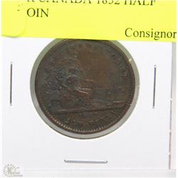 O) LOWER CANADA 1852 HALF PENNY COIN