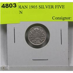 F) CANADIAN 1905 SILVER FIVE CENT COIN