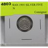 Image 1 : F) CANADIAN 1905 SILVER FIVE CENT COIN