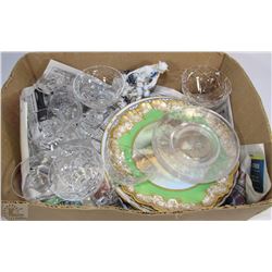 BOX OF ANTIQUE PLATES & CRYSTAL SHERBERT DISHES