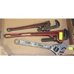 FLAT OF 2 PIPE WRENCHES & 1 CRESCENT WRENCH