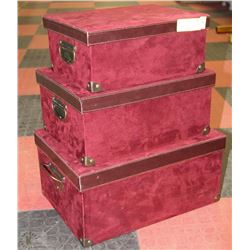 SET OF 3 BURGUNDY FELT NESTING BOXES W/ LEATHER