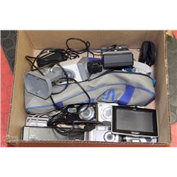 BOX W/CAMERAS, GARMIN, TRIPOD, ETC.