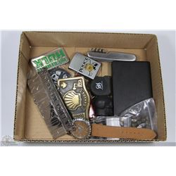 BOX W/3 BELT BUCKLES, WATCH, KNIVES,