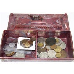 BAKELITE CONTAINER FILLED WITH COLLECTION OF COINS