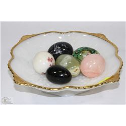 MILK GLASS DISH FILLED WITH STONE EGGS