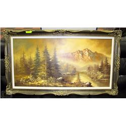 LARGE ORNATE FRAMED MOUNTAIN SCENE OIL ON CANVAS