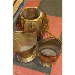 2 BRASS COAL SHUTTLES WITH PLANTER AND FIREPLACE