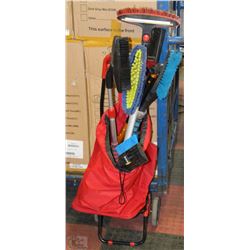 RED ROLLING CART FULL OF AUTOMOTIVE SNOW BRUSHES