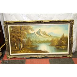 LARGE ORNATE FRAMED MOUNTAIN SCENE OIL ON CANVAS