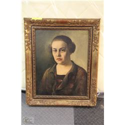 ANTIQUE OIL ON CANVAS PICTURE WITH CARVED WOODEN