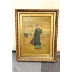 ANTIQUE OIL ON CANVAS PICTURE WITH CARVED WOODEN