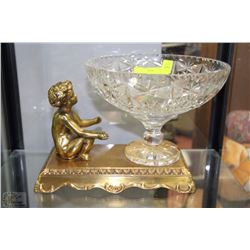 UNIQUE CRYSTAL FRUIT BOWL ON STAND WITH BOY FIGURE