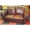 Image 1 : NAILHEAD LEATHER SOFA & LOVESEAT WINE/BROWN IN
