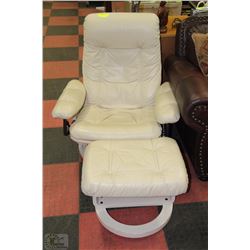 WHITE LEATHER LOUNGE CHAIR WITH OTTOMAN