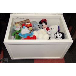 WOODEN TOY BOX WITH STUFFED TOY COLLECTION