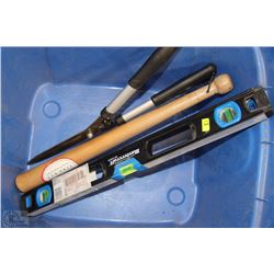 TOTE WITH GRASS SHEARS, MASTERCRAFT LEVEL AND FISH