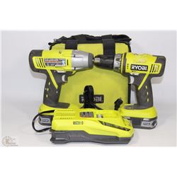RYOBI DRILL AND IMPACT 18V WITH 2 BATTERIES &