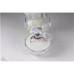 #18-NATURAL RUBY,EMERALD & CZ .925 SILVER RING