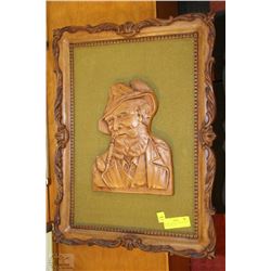 WOOD CARVED OLD MAN WOODEN FRAMED PICTURE