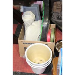 LOT OF GARDEN ITEMS; 3-10" CERAMIC POTS, PLASTIC