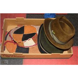 LOT OF HATS 2 GENUINE LEATHER, 3 VELVET FEDORAS, 1