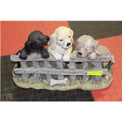 THREE PUPPIES ON THE FENCE GARDEN ORNAMENT