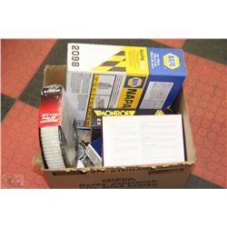 BOX WITH ASSORTED AUTOMOTIVE RELATED ITEMS & MORE