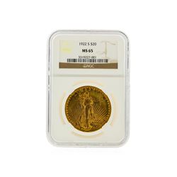 1922-S $20 St. Gaudens Double Eagle Gold Coin NGC MS65