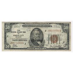 1929 $50 National Currency The Federal Reserve Bank of Kansas City Note