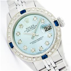 Womens Rolex Stainless Steel Diamond and Sapphire Datejust Wristwatch