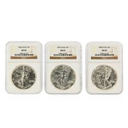 Set of (3) 1986-1988 $1 Silver Eagle Coins NGC Graded MS69