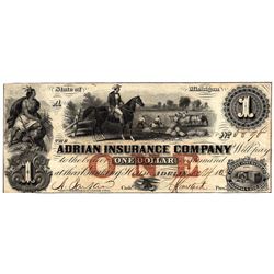 1800's $1 Adrian Insurance Company Michigan Obsolete Currency Note