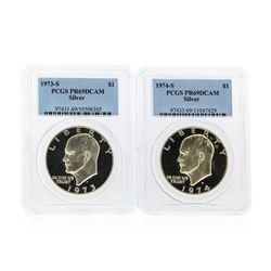 1973-S & 1974-S $1 Silver Eisenhower Ike Dollar Coins PCGS PR69DCAM