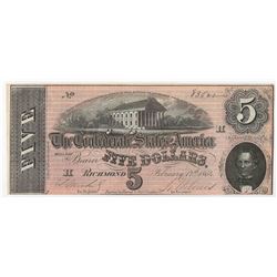 1864 $5 Confederate States of America Note AU