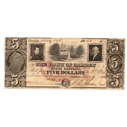 1850s $5 The Bank of Camden Obsolete Bank Note
