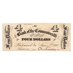 1862 $4 The Bank of the Commonwealth Obsolete Note