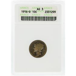 1916-D Mercury Dime Coin ANACS Graded AG03