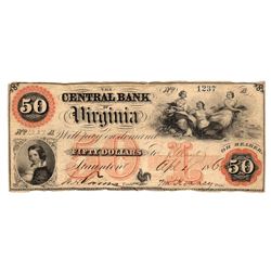 1860 $50 The Central Bank of Virginia Obsolete Note