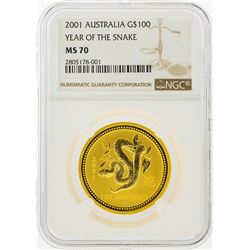 2001 $100 Australia Lunar Year of the Snake Gold Coin NGC MS70