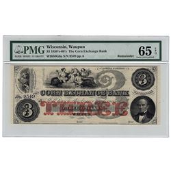 1850's-60's $3 Corn Exchange Bank Wisconsin Note PMG 65EPQ