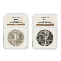 Set of (2) 1986-1987 $1 Silver Eagle Coins NGC Graded MS69
