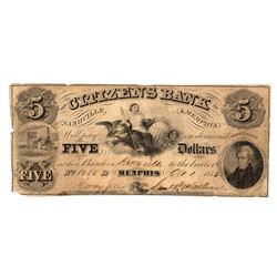 1855 $5 Citizens Bank Nashville & Memphis Obsolete Bank Note