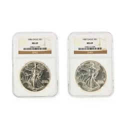 Set of (2) 1986-1987 $1 Silver Eagle Coins NGC Graded MS69